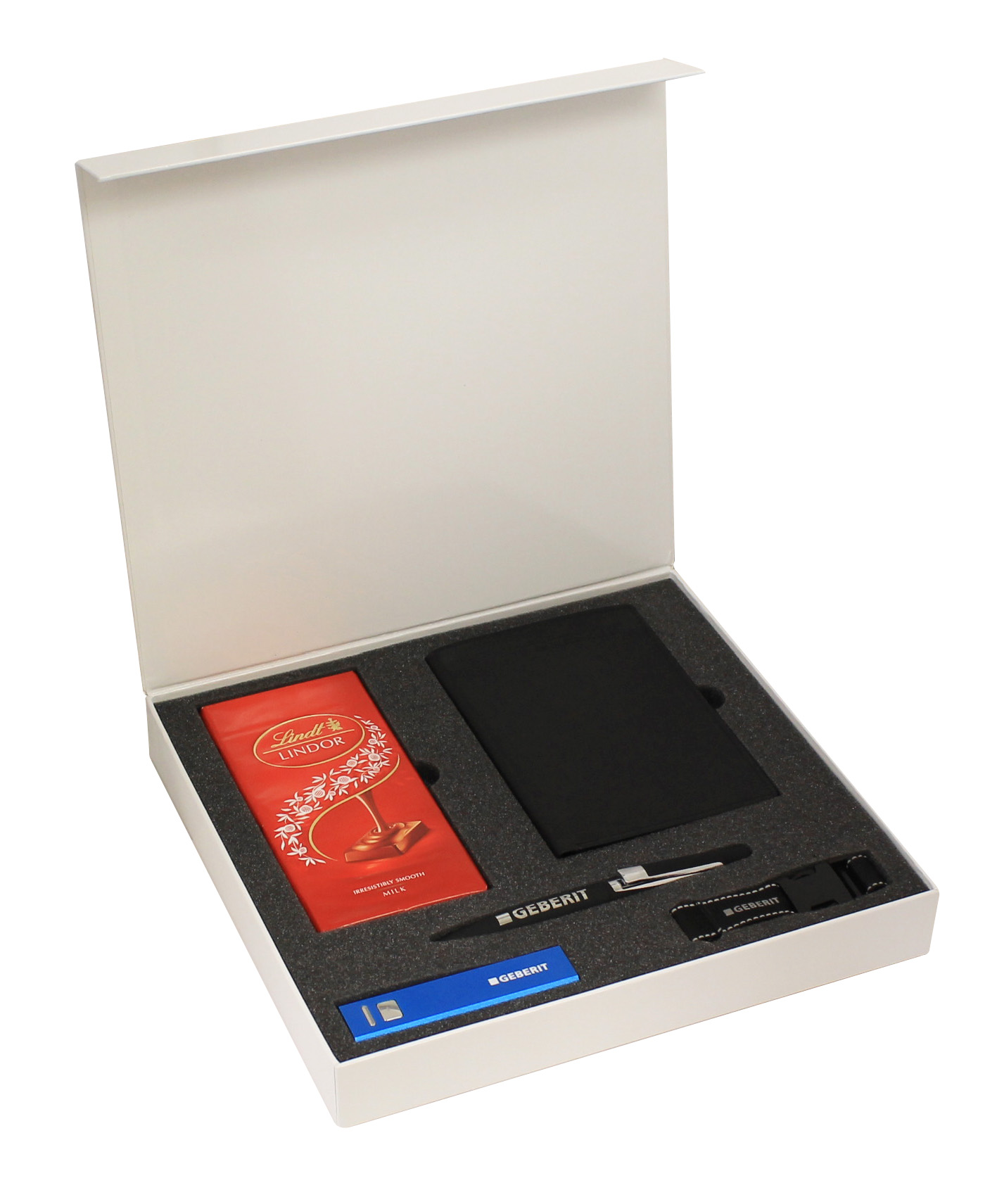 Box 3 Geberit Lanyard Pen Powerbank Passport Wallet and Chocolate